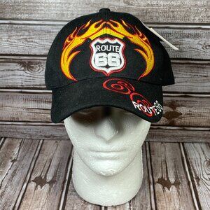 ROUTE 66 Highway Road Flames Men's OS Black Strapback Embroidered Cap Hat NWT